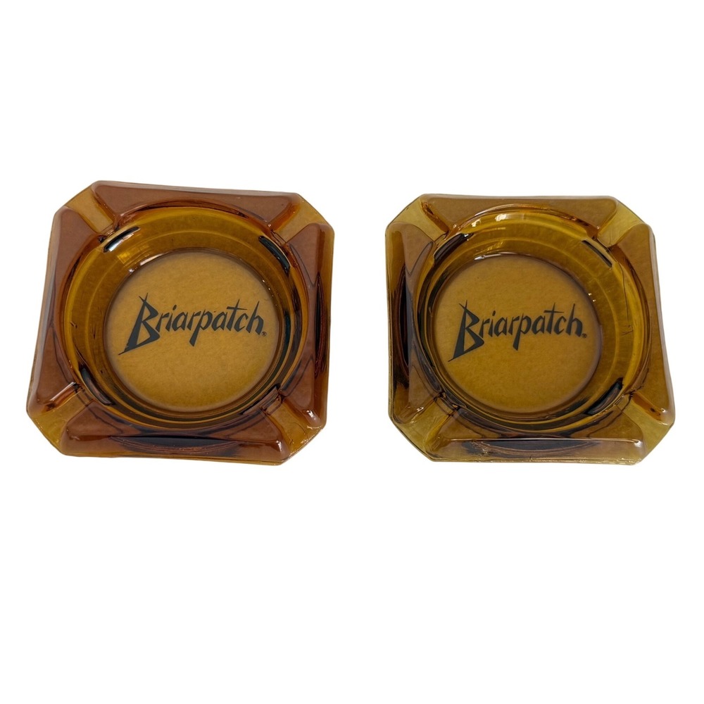 Briarpatch Glass Ashtray Set OS Amber Brown Vintage Square Logo 2pc
